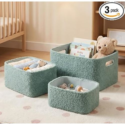 Boucle Storage Baskets Set of 3, Luxury Handmade Nursery Organizing Storage Bins, Nesting Shelf Baskets Decorative Boxes for Gifts, Toy Box for Shelf Closet Home Organization, Sage Green