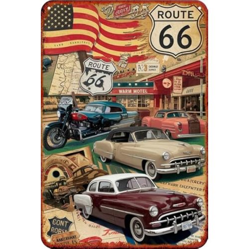 Vintage Racing Metal Sign, Retro Garage Tin Sign, Car Lover Gift,Wall Decor for Bar, Cafes Pubs,Outdoor Patio Man Cave,Cars Room, 8x12 Inches (ROUTE 66)