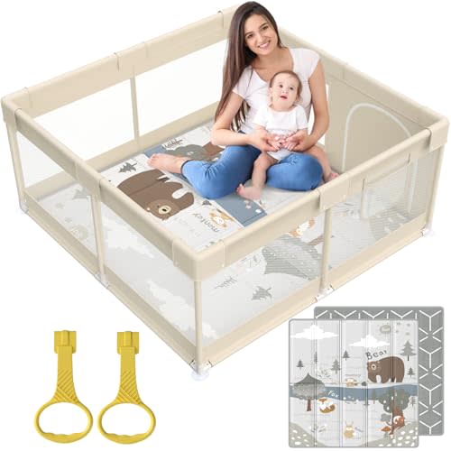 Fodoss Baby Playpen with Mat, Small Baby Play Pen(47x47inch), Playpen for Babies and Toddler (4747inch Beige with mat)