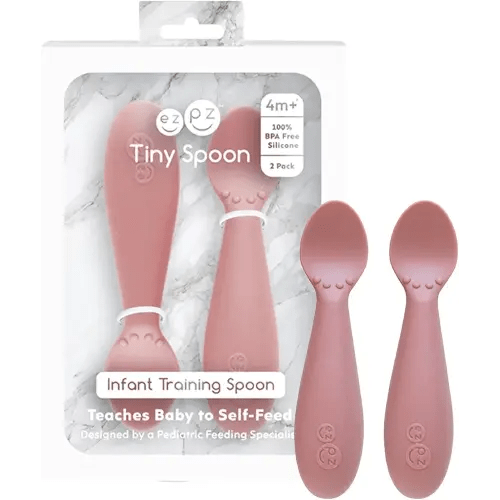ezpz Tiny Spoon (2 Pack in Blush) - 6 Months+ - 100% Silicone Spoon for Baby Led Weaning + Purees - Designed by a Pediatric Feeding Specialist - Shower Essentials & Gifts