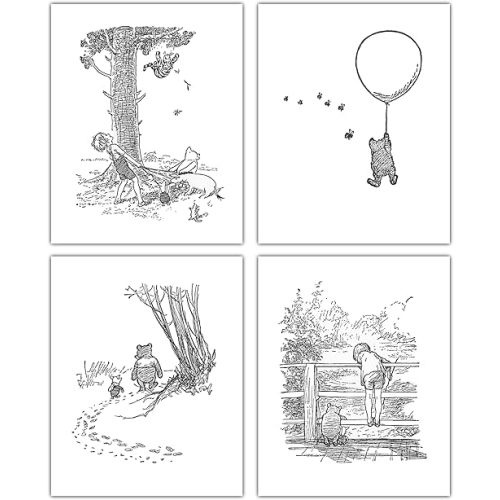 Classic Winnie The Pooh Black and White Nursery - 8x10 Inch Baby Boys Prints, Girls Wall Decor, Set of 4 - Unframed