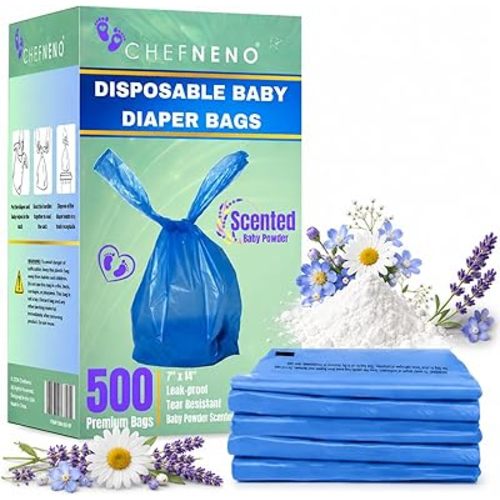 Baby Disposable Diaper Bags (500 ct.) Fresh Baby Powder Scented Bulk Easy-Tie Diaper Sacks Nursery Trash Bags Dog Poop Bags Cat Litter Waste Bags Sanitary Pads Disposal Bags (500 Bags, Blue)