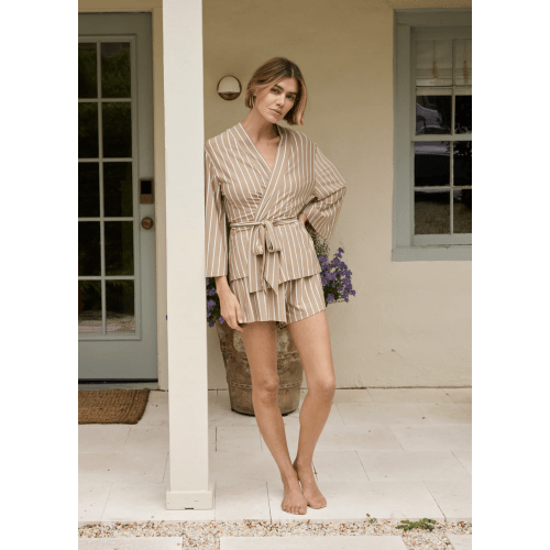 LAKE | Women | DreamModal Pajamas | Sandstone Vertical Stripe Kimono Shorts Bundle