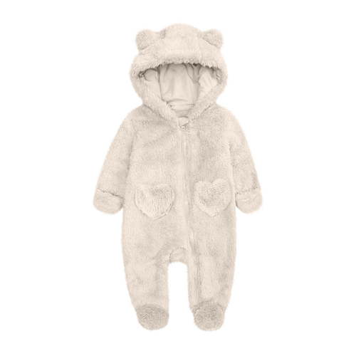 Baby Jumpsuit Baby Snowsuits Winter Fleece Romper with Hood Newborn Bear Snowsuit Boy and Girl One Piece Suit for 0-12 Months, Beige, 9-12 Months