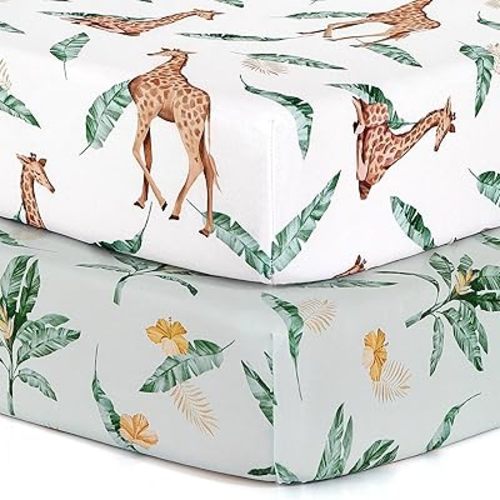 BROLEX 2 Pack Mini Crib Sheets, Stretchy Portable Fitted Playard Sheet Set, Convertible Playard Mattress Cover, Ultra Soft Breathable Material, Giraffe Leaf