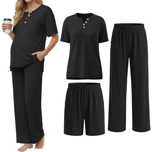 3 Piece Maternity Lounge Set Postpartum Pajamas Outfits Pregnancy Clothes Short Sleeve T-Shirt Shorts Pants Pockets