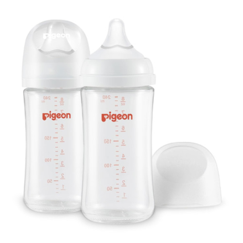 Pigeon Glass Nursing Bottle Wide Neck, Anti-Colic, Streamlined Body, Natural Feel, Easy to Clean, Heat-Resistant, 8.1 Oz(Pack of 2), Includes 2pcs M Nipples (3m+)