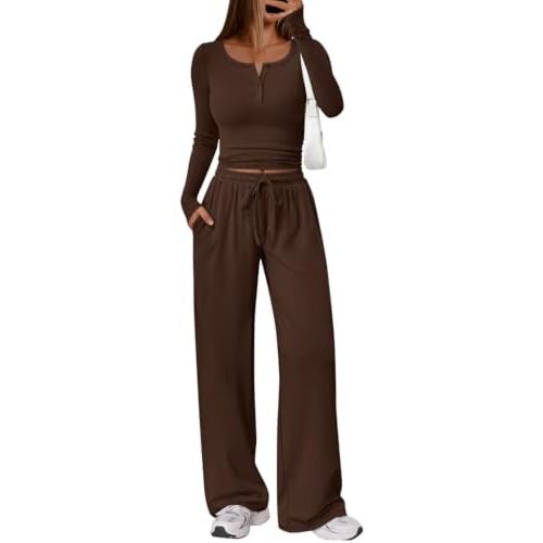 Trendy Queen Women's 2 Piece Matching Lounge Sets Long Sleeve Henley Neck Slightly Crop Top Wide Leg Pants Casual Sweat Suit