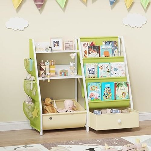 3in1 Kids Bookshelf and Toy Organizer, 3 Tier Sling Book Shelf with Movable Bins, Toddler Montessori Bookcase for Kids Rooms, Playroom, Nursery,Classroom (Green)