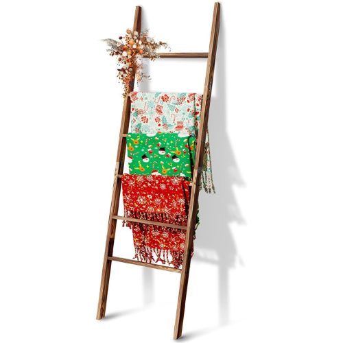 6-Tier Blanket Ladder Wooden, 5.7FT(66.5'') Blanket Quilt Towel Holder Rack Decorative Ladder, Easy Assembly, Rustic Farmhouse Ladder Shelf for The Living Room Bedroom Bathroom Home Decor, Brown