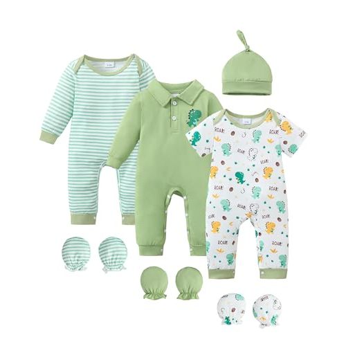 NZRVAWS Preemie Baby Boy Clothes Newborn Essentials Outfits Romper 10 PCS | Wearable all year round;Snap closures;10-piece layette: 3 rompers, hat, 6 mittens; Soft fabric;Multi scene wearable