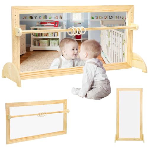 Montessori Mirror Baby Wall 3-in-1 Shatterproof Infant Coordination Mirror & Wooden Pull Up Bar - Enhance the baby's self-awareness and spatial sense，It is suitable for nurseries and home schools