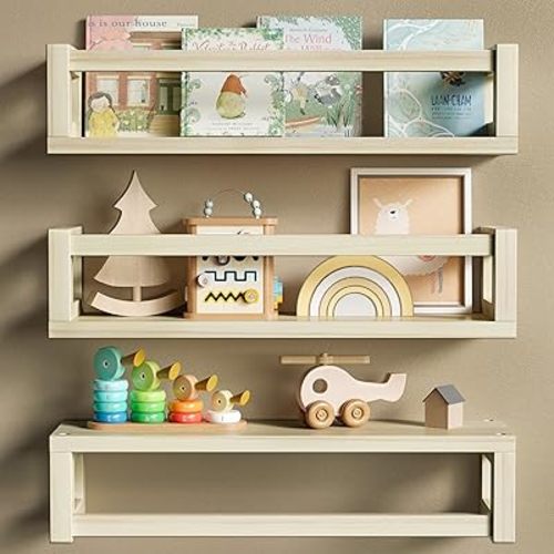 Sturdy Floating Shelves – Set of 3 Wall Bookshelves and Nursery Floating Shelves for Books, Toys, Kitchen, Bathroom, and Home Decor – Natural Poplar