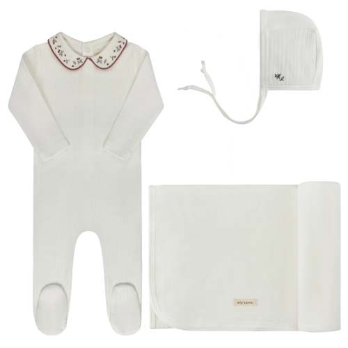 Ely's & Co Ivory Pink Floral Embroider Collar Layette Set