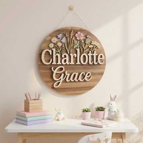 Personalized Wildflower Wood Name Sign, Custom Name Wooden Flower Sign, Boho Floral Name Bluebell Daisy Thistle Sign, Baby Girl Sign