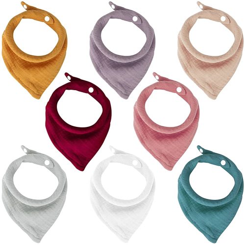 Muslin Baby Bandana Bibs, Absorbent Drool Bibs for Baby Girls & Boys, Size Adjustable Bibs w/Snaps for Unisex Newborn/0-24 Months Infant, Neutral Solid Bibs Pack - Set of 8