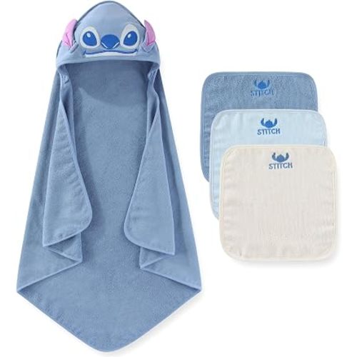 Disney Baby Boys Stitch Hooded Bath Towel with 3 Washcloths Set Infants