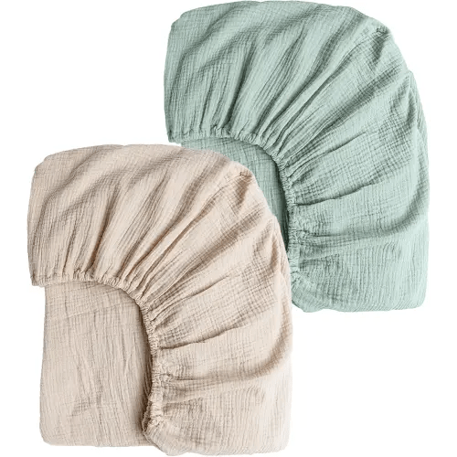 Konssy Muslin Crib Sheets for Girl Boy, 2 PCS Soft and Breathable Cotton Baby Sheets for Standard Crib Mattress, 52"x 28" (Green, Cream)