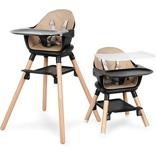 6 in 1 Baby High Chair, Convertible Wooden High Chairs/Booster Seat for Babies and Toddlers, Baby Feeding Chair with 5-Point Harness/Double Removable Tray & Adjustable Footrest (Black)