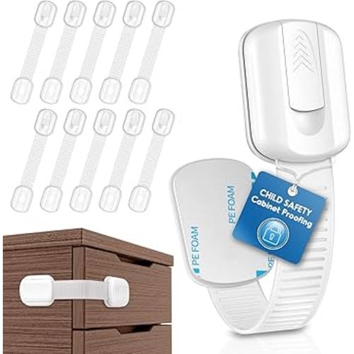 10 Pack Cabinet Locks Baby Proofing, SOGUDE Child Proof Cabinet Locks with Strong Adhesive Child Safety Locks for Refrigerator, Doors, Drawer Locks No Drilling, Cabinet Locks for Babies- White