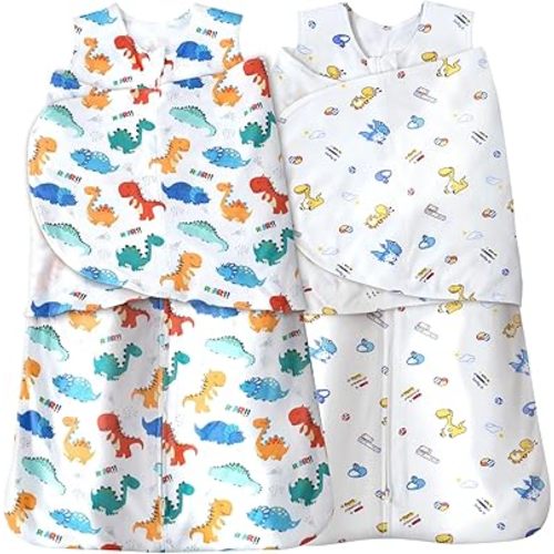Baby Sleep sack Swaddle 2 Pack,Swaddles 3-6 Months,3-Way Adjustable Wearable Transition Blanket 100% Organic Cotton,12-18 lbs,1.0 TOG(Dinosaur A&Dinosaur B)