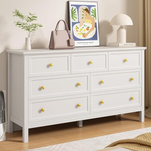 LYNSOM White Dresser for Bedroom with 7 Drawers, Modern Wide Chest of Storage Drawer with Gold Handles, TV Stand Dresser, Wood Dressers for Bedroom Living Room, Hallway, Entryway, 55’’