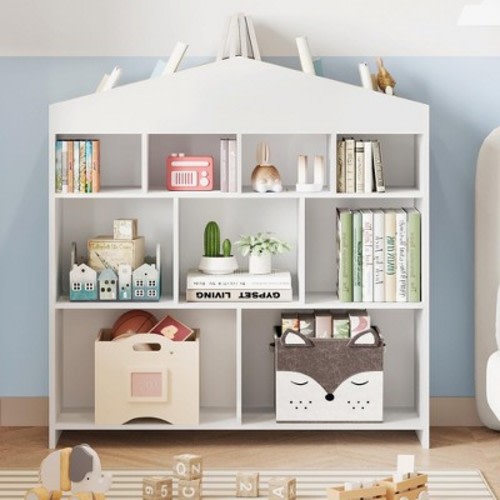 Wooden Dollhouse Style Kids Bookshelf with 9 Storage Cubbies Toddler Playhouse Toy Storage Organizer for Playroom Nursery Bedroom - White