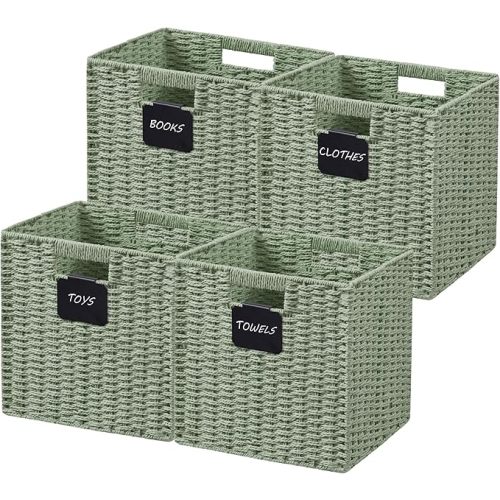 COLOR: Green, SIZE: 4pk - 12x12 | UBBCARE 4 Pack Wicker Basket, 12×12 Storage Cubes with Label, Foldable Cube Storage Bin with Handle, Square Storage Basket for Shelves, Woven Paper Rope Basket for Organizing, Dark Green