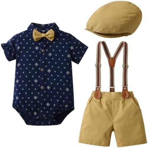 PureMilk Infant Gentleman Outfits, Short Sleeve Shirt+Bowtie+Beret+Suspender Pants Clothing Set