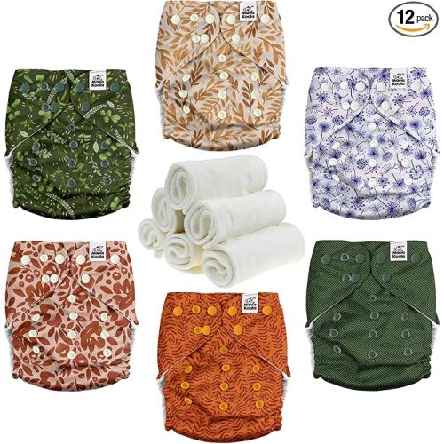 Mama Koala 3.0 Cloth Diapers for Babies with Suede Cloth Lining, 6 Pack with 6 Natural Diaper Inserts - Reusable Pocket Diapers (Neutral Leaves)