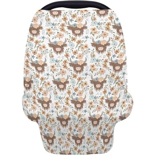 5-in-1 Unisex Western Farm Cow Flowers Pattern Baby Carseat Stroller Cover for Boys Girls, Highland Cow Floral Infant Toddler Privacy Nursing Breastfeeding Canopy, Grocery Shopping Cart Cover-24x28