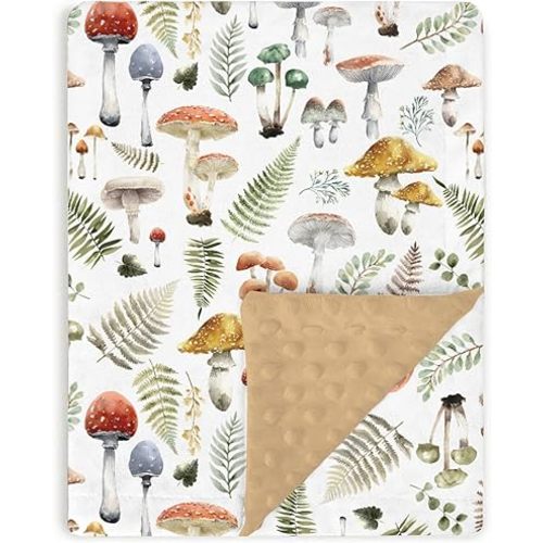 Boho Mushroom Forest Baby Blankets for Girls Boys 30" x 40", Brown Soft Double Layer Minky Blanket with Dotted Fleece Back, Nursery Bed Receiving Quilt for Newborn Infant Toddler Shower Gift