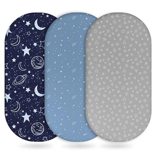 Unnivoll Baby Bassinet Sheets Girl Boy, Fitted Bassinet Sheet Set 3 Pack Bassinet Mattress Sheets Universal Fit for Rectangle, Round, Oval, Hourglass Mattress, Soft Breathable Blue Gray Planet