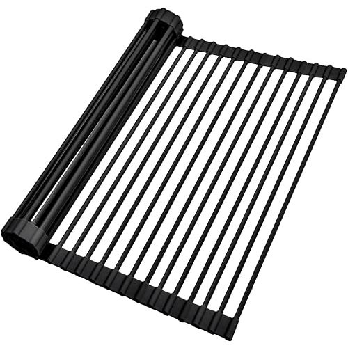 Ohuhu Over The Sink Dish Drainer Drying Rack, 17.6" W x 15.4" L Roll Up Dish Racks Kitchen Sink Organizer Silicone Wrapped Large in Sink Dish Drying Rack Foldable Rolling Drain Mats Anti-Slip