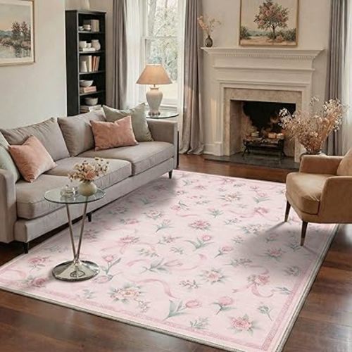 Bavni 5x7 Floral Ribbon Area Rugs for Living Room, Machine Washable Non Slip Low Pile Lightweight Print Pattern Rugs for Bedroom, Dining Room, Home Office, Indoor Floor Rug Blush Pink