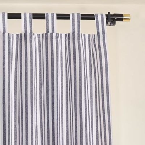 THE ART BOX Tab Top Striped Linen Curtains for Living Room & Bedroom | Easy Slide-On Rod Pocket Alternative | Light Filtering Boho Window Panels | Blue on White 84"x42" (Set of 2)