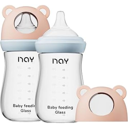 Natural Glass Baby Bottle for Breastfeeding Babies, 8oz Anti-Colic Baby Bottle with Natural Response Nipple(M), Clear, Wide Neck, 2 Pack, 3 Months+