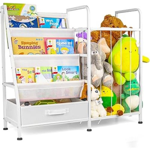Kids’ Bookshelf & Stuffed Animal Storage – Large White 3-Tier Book Display Rack with Sling Shelves & Fabric Toy Chest | Toy Organizer for Playrooms, Bedrooms, Nurseries