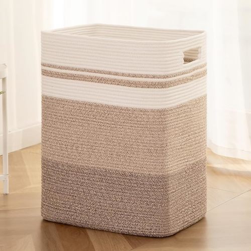 OIAHOMY Laundry Hamper, Rectangle Cotton Laundry Basket with Handles, Large Blanket Basket for Living room, Woven Decorative Storage for Toys,Clothes,Pillows-16x13x22in-Brown variegated