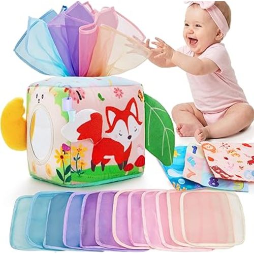 Yeeeasy Baby Tissue Box Toy, Montessori Sensory Toy for Babies 6–12 Months, Infant Early Learning Toy with Mirror, Textured Tails & Squeaky Sounds, Baby Gift for Boys & Girls