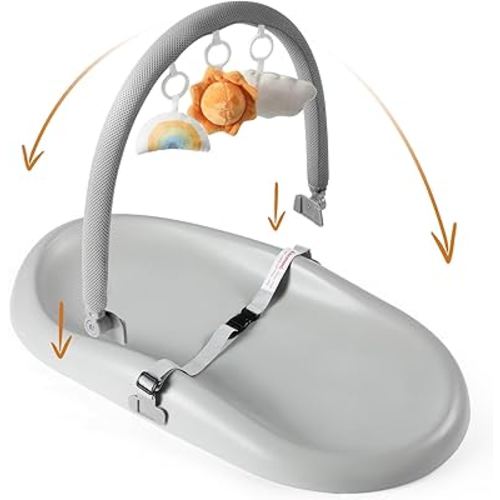 Wipe-Clean Baby Changing Pad, Waterproof Durable PU Pad, Soft & Non-Slip Safety Belt & Hanging Toys, Easy to Adjust & Removable Bar, Gray