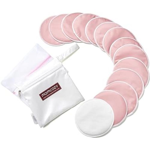 Momcozy Reusable Nursing Pads, Innovative Use of One Way Moisture-Wicking Fabric & 3-Layer Washable Breast Pads, Ultra-Thin Design, Light and Unburden, 14 Pack + Wet & Dry Separation Bag + Wash Bag