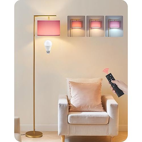Modern Gold Arc Floor Lamp, Corner Tall Lamp with Remote, Arched Reading Light with Fabric Shade, Floor Lighting for Living Room, Bedroom, Office, Study, Pink, LED Bulb Included, DP11LD05