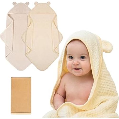 Baby Hooded Towel 2 Pack Bath Towels for Newborn with Animal Design Shower Essentials for Baby Girl Boy and Toddler (Beige & Camel, Medium)
