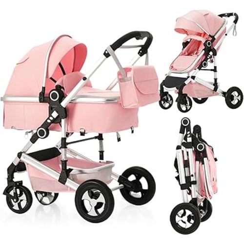 2 in 1 Baby Stroller, Convertible Pushchair Stroller w/Reversible Seat, Foldable Newborn Pram Carriage, Adjustable Canopy, Storage Basket, Diaper Bag & Cup Holder, 0-36 Months, Pink