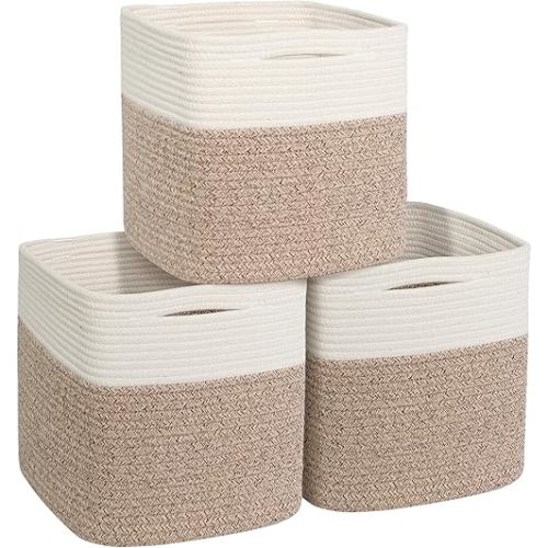 11x11 Cube Storage Bin - 3 Pack Woven Storage Cubes Organizer, 11 Inch Cotton Rope Baskets for Organizing, Square Baskets for Shelves, Baby Nursery Closet Bins, Cubby Toy Box Organizer
