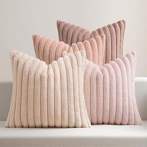 MIULEE Faux Fur Plush Decorative Throw Pillow Covers 18x18 Set of 4, Modern Soft Romantic Fuzzy Striped Cushion Covers Girl for Sofa Couch Bed Living Room Cozy Home Decor,Pink