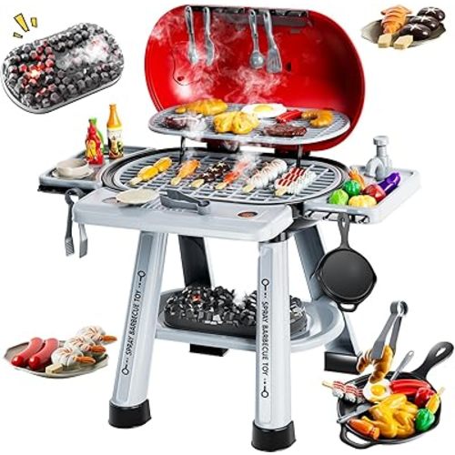 Kids Grill Playset for Toddlers 3-5, 2-Layer Outdoor BBQ