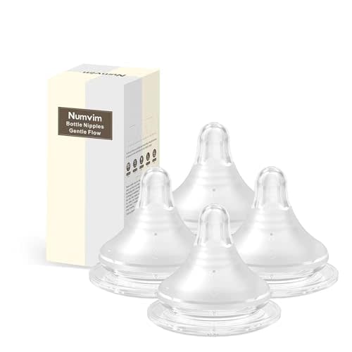 Numvim Silicone Bottle Nipple with Latch-On Point, Gentle Extra Slow Flow, Natural Feel, (0m+, SS, 4 Counts)