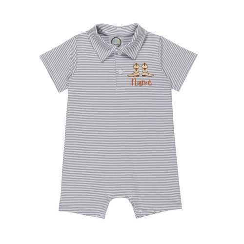Longhorn Embroidered Boy's Short Sleeved Polo Style Collared Romper - Striped | Cute Texas Outfit | Personalized